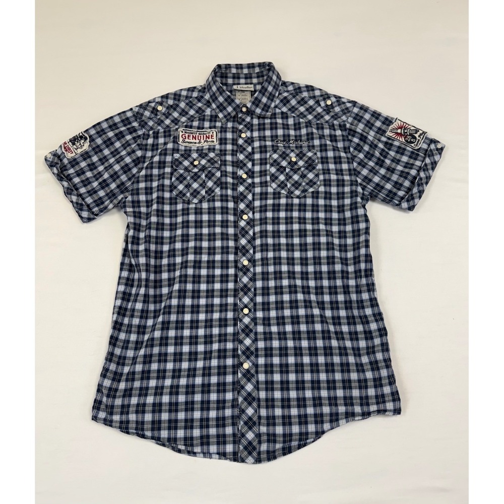 Disney Parks Mens Chief Mechanic Plaid Pearl Snap Shirt Navy‎ Blue White Size M